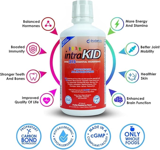 DRUCKER Labs 2.0 Organic Liquid Trace Minerals, Liquid Multivitamin for Kids, Immune Support, Non GMO, Dairy Free, Gluten Free, Magnesium, Vitamin D, C, E, Zinc, (32 oz., Fruity Raspberry)