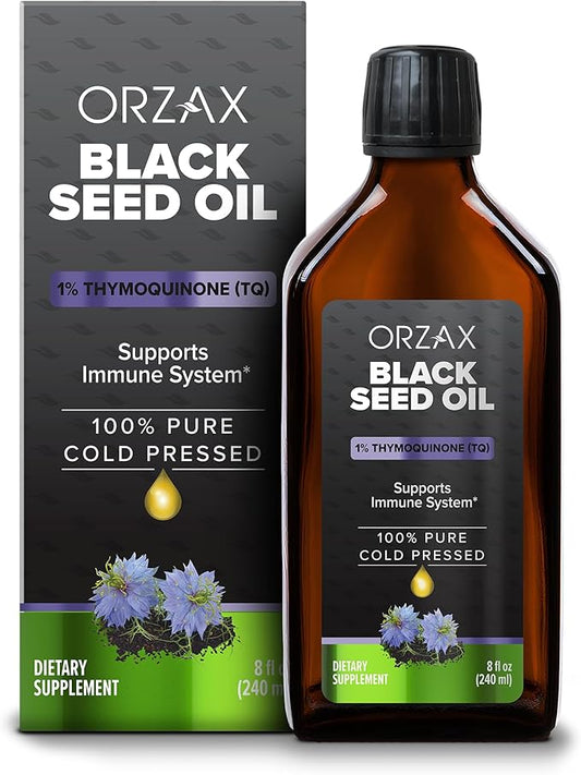 ORZAX Black Seed Oil Liquid (8 fl oz) - Cold Pressed 100% Pure | Vegan, Gluten Free, Non-GMO – Rich in Thymoquinone & Omega 3 6 9 | Nigella Sativa Black Cumin Essential Oil in Glass Bottle