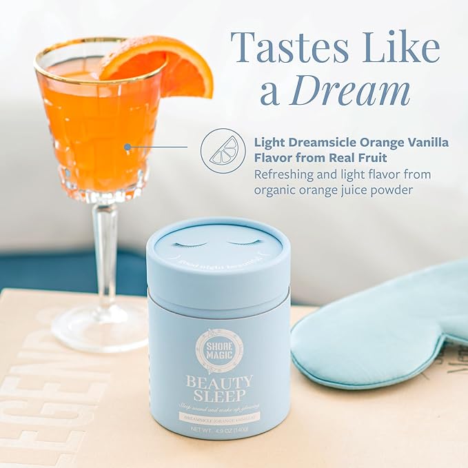 Beauty Sleep Marine Collagen Powder with Types I, II, III & IV Hydrolyzed Peptides, Magnesium, L-Theanine, Orange Vanilla Flavor, Egg, Nut, Dairy, Gluten & Sugar Free, Melatonin-Free