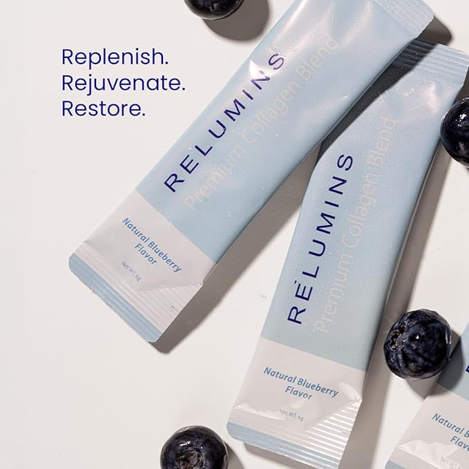 Relumins Marine Collagen Powder Drink Mix - Collagen Peptide with Glutathione, Green Tea, CoQ10, & Hyaluronic Acid Boosts Smooth Glowing Skin - 10 Powder Sachets x Blueberry Flavored