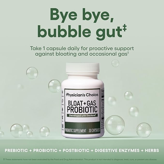Physician's CHOICE Bloat & Gas Probiotic 5-in-1 Proactive Support + Daily Relief - Digestion & Gut Health- Herbals, Digestive Enzymes, Post & Prebiotics - Gas Relief for Adults - Women & Men - 30ct