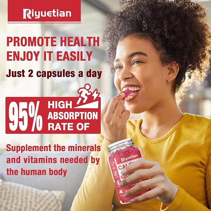 Calcium Magnesium Zinc Gummies with Vitamin D3 Supplement, Sugar Free Calcium Supplements for Women Men, Gluten-Free, Vegan Raspberry Flavor, 60 Count