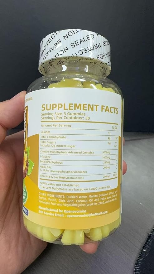 Creatine Monohydrate Gummies Complex for Men & Women -Advanced Formula W/L-Taurine + Vitamin B12, Sugar Free Chewable Supplement,90 Pineapple Gummies