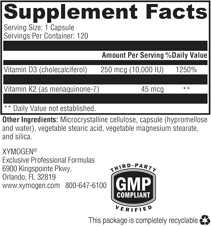 XYMOGEN K2-D3 10000 - Vitamin D3 K2 - Bioavailable Vitamin D 10,000 IU (Cholecalciferol) with Vitamin MK-7 - Heart, Arterial, Bone Health + Immune Support Supplement (120 Capsules)