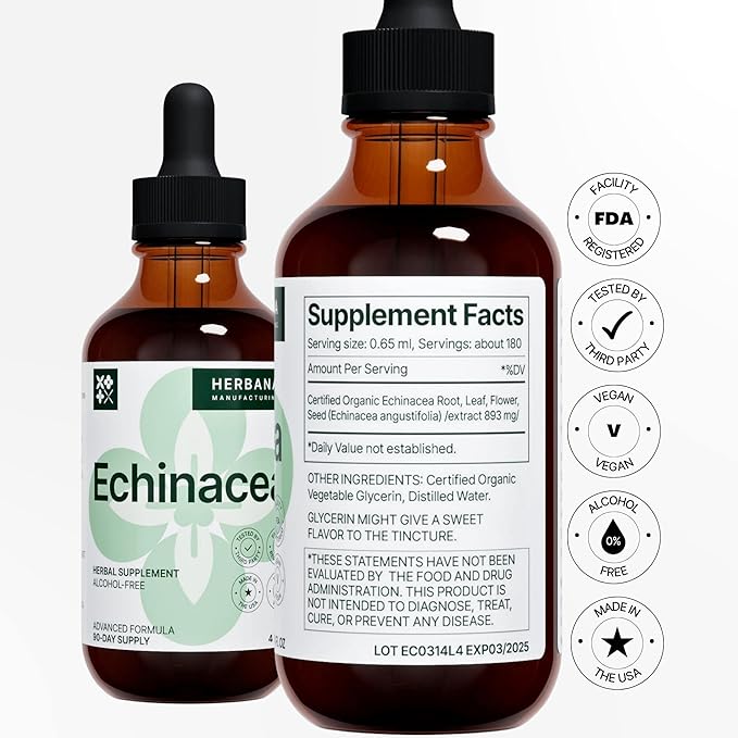 Echinacea 4 fl oz Liquid Extract - Organic Root, Leaf, Flower, Seed - Natural Herbal Supplement - Body, Immune System Support Tincture - High Potency Drops - 90-Day Supply - Family Size