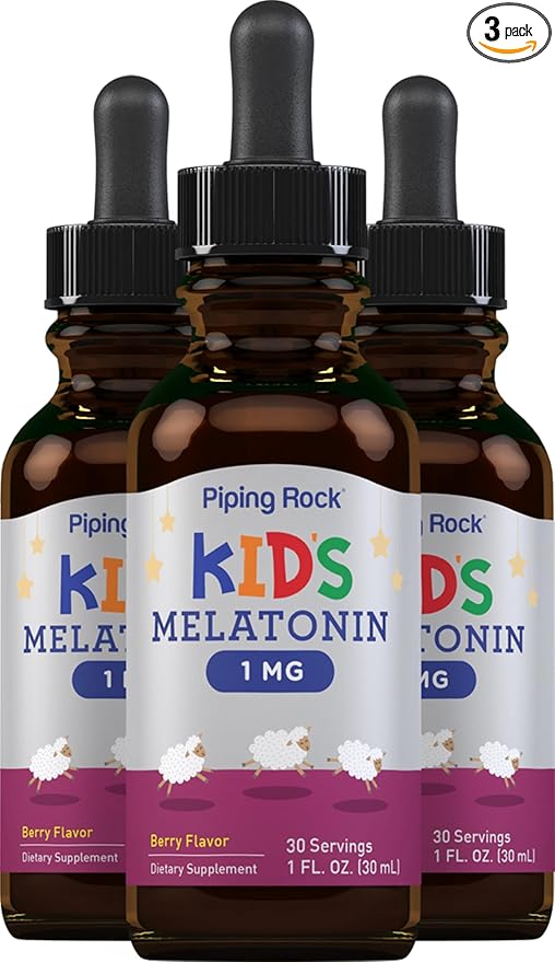 Piping Rock Kids Melatonin Liquid 1 fl oz | 1mg | Pack of 3 Bottles | Berry Flavor Drops | Non-GMO, Gluten Free Supplement