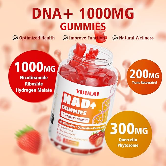 Pack of 2 NAD+ Gummies, NAD Supplement for Women - NAD Nicotinamide Riboside Resveratrol 1000MG, NAD+ Plus Supplement Gummies for Anti-Aging, Cell Regeneration & Energy, Strawberry, 120 Count
