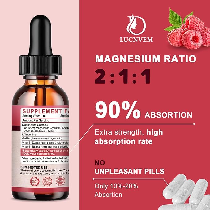 90% Absorption Magnesium Glycinate Liquid Drops with Citrate and Taurate, Magnesium Complex 1200mg with GABA, L-theanine, D3 and B6 for Calm, Sleep, Relaxation - Raspberry Flavor 1 Fl Oz (Pack of 2)