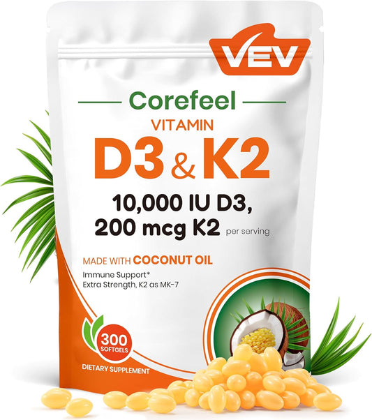 VEV Vitamin D3 Con K2 10000 IU, 300 Virgin Coconut Oil Softgels, 2 in 1 Vitamins Supplement D & K (Include MK7), Easy to Swallow, Supports Calcium Absorption, Bone Health(Packaging May Vary)