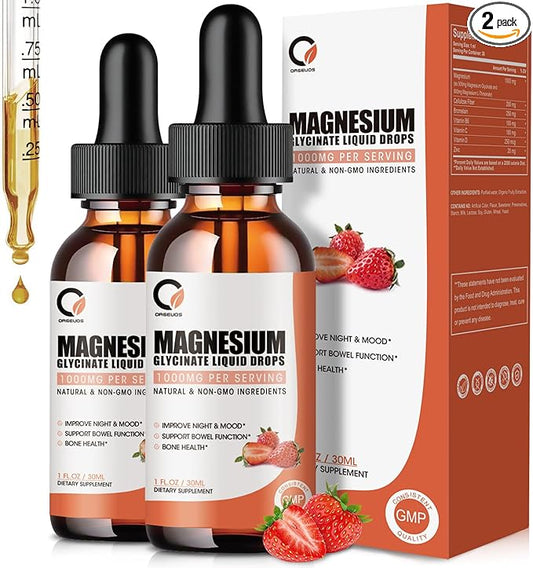 Magnesium Glycinate Liquid Drops,1000 mg Liquid Magnesium Supplement with Bromelain, Vitamin B6 C D, High Absorption Magnesium Complex for Night, Muscle & Energy Support, 1 Fl Oz (Pack of 2)