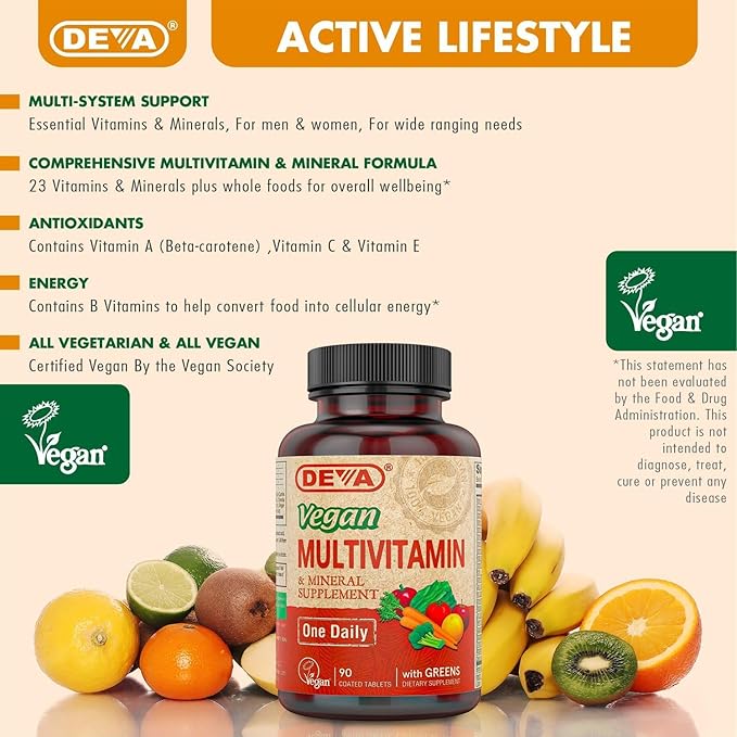 DEVA Vegan Multivitamin & Mineral Supplement with Iron 2-Pack, Spirulina, Chlorella, Ashwagandha, Broccoli & More, 90 Coated Tablets Each