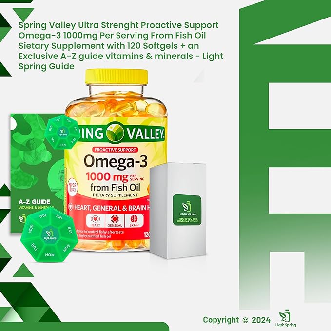 Omega-3 1000mg, from Fish Oil with 120 Softgels with Bundle Exclusive Better Ligth&Spring Guide + Weekly Pill Organizer (3 Items)
