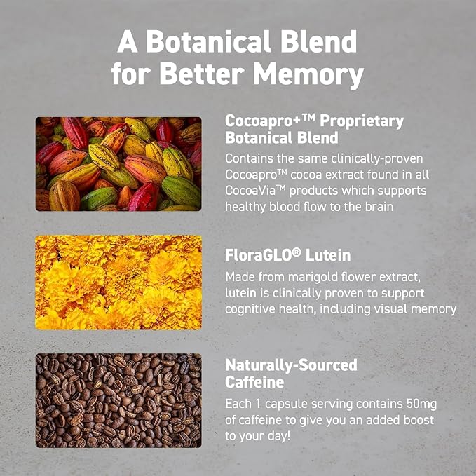 CocoaVia Memory & Focus Brain Supplement, 30 Day, Cocoa Flavanol Blend, Lutein, Added Caffeine for Boost. Improve Cognitive Function, Attention, Vegan & Plant Based, 30 Capsules