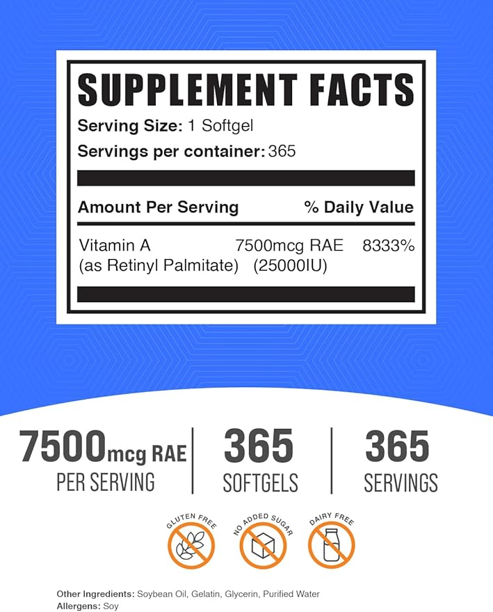 BulkSupplements.com Vitamin A 25000 IU Softgels - Vitamin A Supplement, as Retinyl Palmitate, for Eye & Immune Support - Gluten Free, 1 Softgel per Serving, 365 Count (Pack of 1)