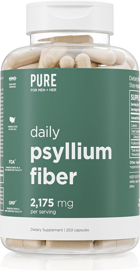 Pure for Men Daily Psyllium Husk Fiber Supplement Pure for Her | Digestive Regularity & Gut Health Support | Soluble Fiber Powder, 2,175mg Per Serving | 250 Capsules