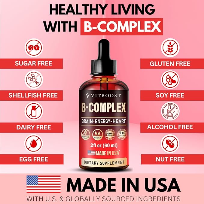 Vitamin B Complex with 20000 mcg - Extra Strength for Men and Women - Vegan| Raspberry Liquid Drops| USA Made, B1, B2, B3, B5, B6, Biotin, Folic Acid & B12 Sublingual Methylcobalamin | 4 Months Supply