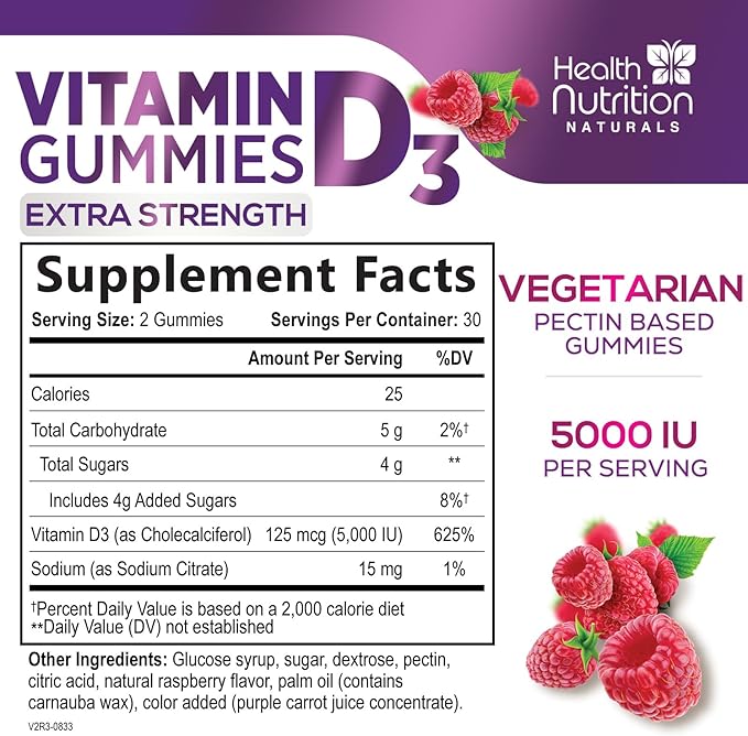 Vitamin D3 Gummies Extra Strength 5000 IU (125 mcg) - Immune Support, Bone, Teeth and Muscle Vitamin D Gummy Dietary Supplement, Nature's Berry Vitamin D Supplement, Raspberry, Non-GMO - 60 Gummies