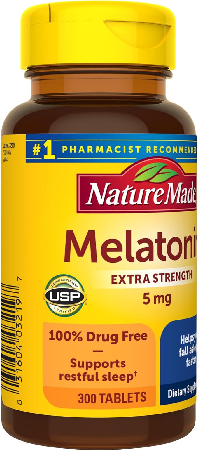 Nature Made Melatonin 5mg Extra Strength Tablets, 100% Drug Free Sleep Aid, Sleep Supplements for Adults, 300 Tablets, 300 Day Supply