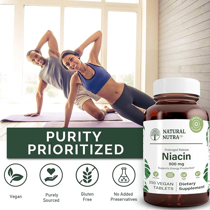 Natural Nutra Time-Release Slow Niacin 500mg (Vitamin B3), Support Healthy Cholesterol, Promotes Cardiovascular Health, Promotes Skin Cells and Improve Cognitive Function, 250 Vegan Tablets