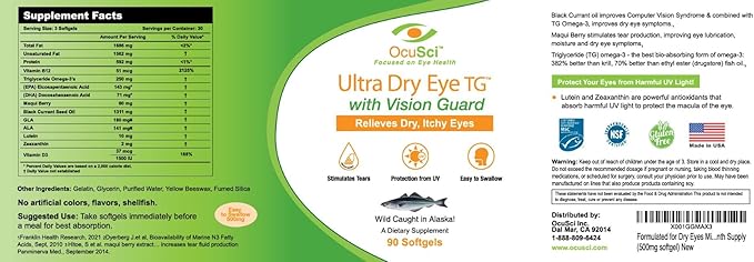 Formulated for Dry Eyes Mini-softgels of Ultra pure Omega-3, Black Currant Oil, Maqui Berry, Lutein, Zeaxanthin, Vitamins B12 and D3 (2 Month (180 mini softgels)