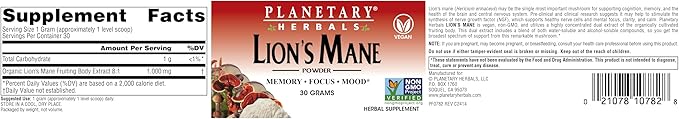 Planetary Herbals Lion Mane, Vegan Herbal Supplement, Memory, Focus and Mood* Vegan Powder - 30 Grams
