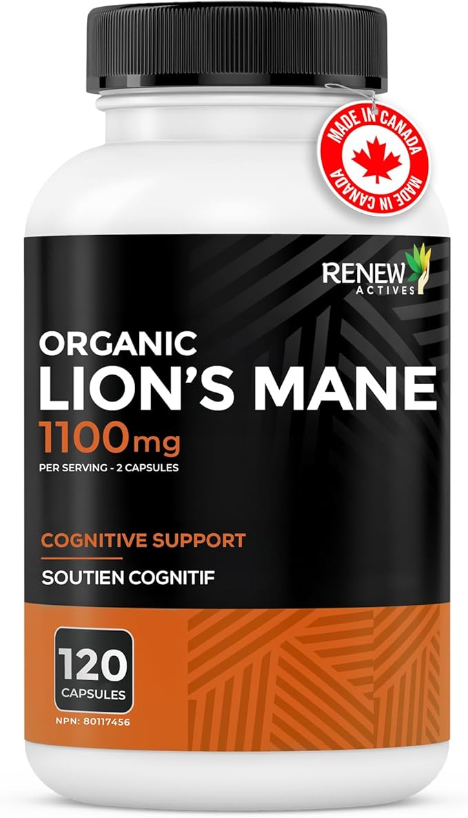Renew Actives Premium Organic Lion's Mane Mushroom 1100MG per 2 Capsules - Supports Brain Function, Memory, Focus, Stress Relief & Immune Health, Non-GMO, Vegan - Made in Canada - 120 Capsules
