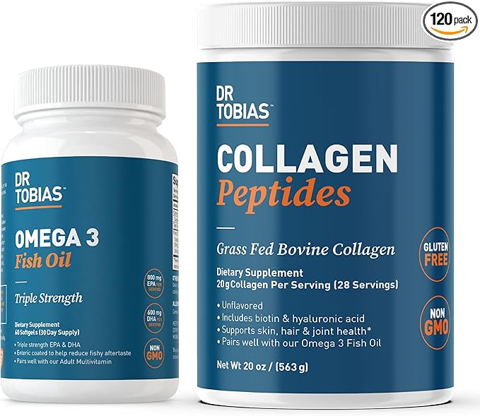 Dr. Tobias Omega 3 Fish Oil & Collagen Peptide Supplements, Supports Heart, Brain, Bone, Joint & Immune System, Promotes Hair, Skin, Nail Health and Beauty