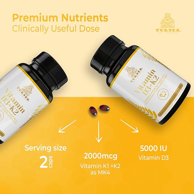TURNER Vitamin D3 (2000IU) Plus K2 (80mcg), 2 in 1 Formula, Vitamin D3 Liquid with Vitamin K2, 60 Soft-Gels, Support Heart, Teeth & Joint Health, Easy to Swallow