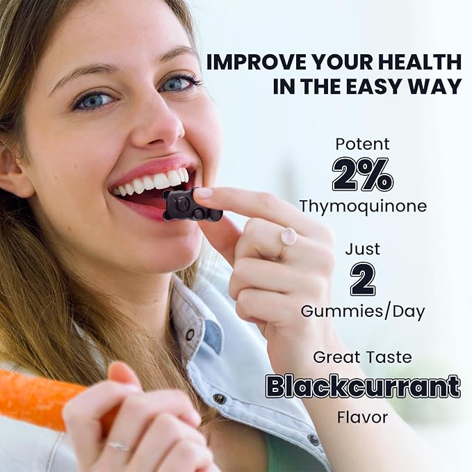 Black Seed Oil Gummies-Organic Cold Pressed Nigella Sativa Black Seed Oil with Honey, Vitamin B6, C, D3, Turmeric, Pomegranate, Support Immunity, Digestion, Brain Function, Hair & Skin-60 Gummies