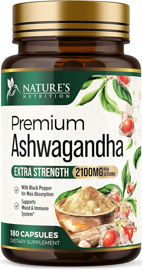 Herbal Ashwagandha 2,100 mg - Extra Strength Unwind, Calm & Relax Support with Black Pepper - Natural Focus & Energy Support - Ashwagandha Powder Supplements - Vegan, Gluten Free - 180 Capsules