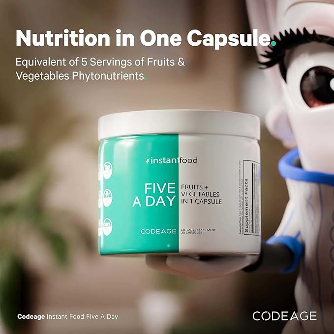 Codeage 5 Servings of Fruits & Veggies Equivalent in 1 Single Capsule - Whole Food Instantfood with 15 Greens & Fruits in All-in-One Pill, Eat Vegetables - Vegan Vitamins Supplement - Non-GMO - 30 ct