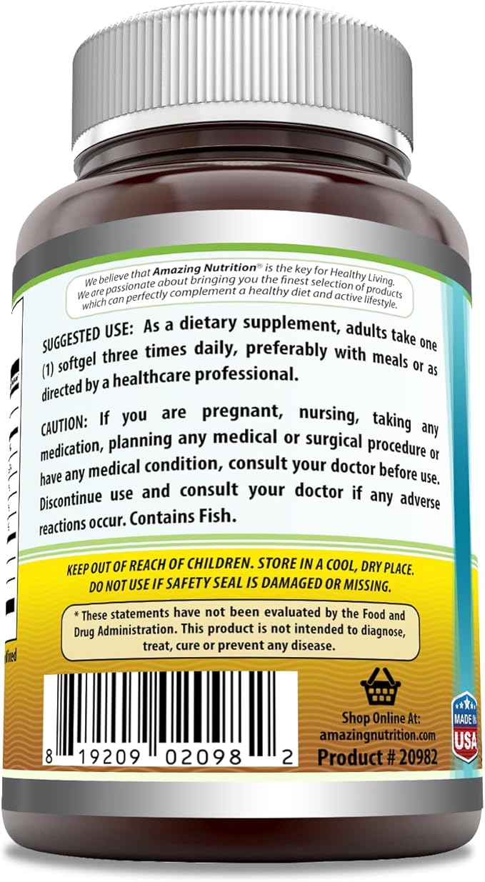 Amazing Omega Fish Oil 1000 mg Softgels Supplement | Omega-3, 180 mg EPA. 120 mg DHA | High Potency (200 Count)
