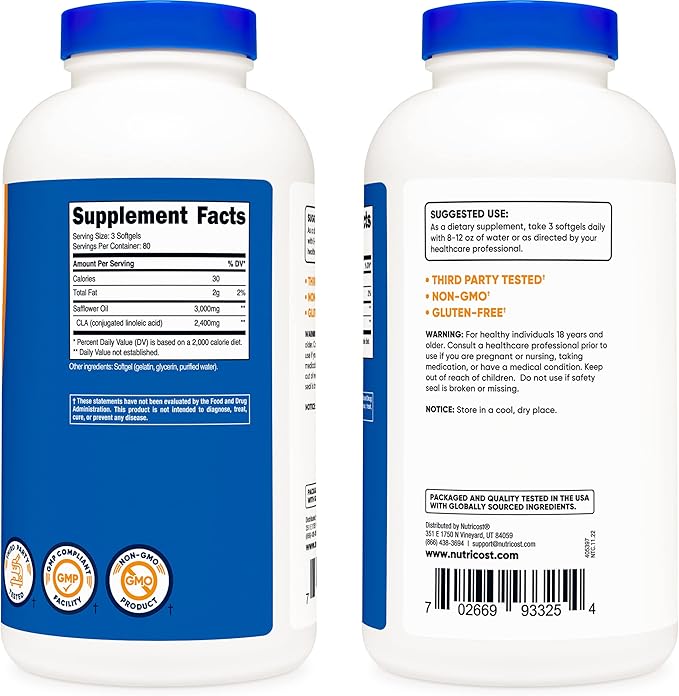 Nutricost CLA (Conjugated Linoleic Acid) 2,400mg, 240 Softgels - Gluten Free, Non-GMO, 800mg Per Softgel (3 Bottles)