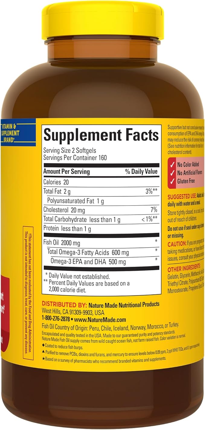 Nature Made Burp Less Fish Oil Omega 3 Supplements, 1000mg Softgels, Omega 3 Fish Oil Supplements for Healthy Heart Support, 320 Softgels, 160 Day Supply