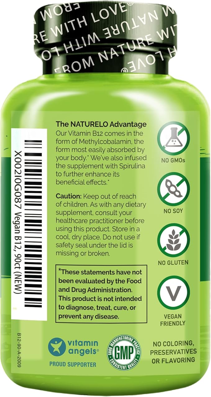 NATURELO Vegan B12 - Methyl B12 with Organic Spirulina - High Potency Vitamin B12 1000 mcg Methylcobalamin - Supports Healthy Mood, Energy, Heart & Eye Health - 90 Capsules (Pack of 2)