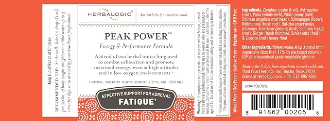 Peak Power Liquid Herb Drops - Stimulant-Free Natural Energy Formula to Combat Adrenal Fatigue & Improve Physical Stamina - Contains American Ginseng & Astragalus - 2 Fl. Oz.