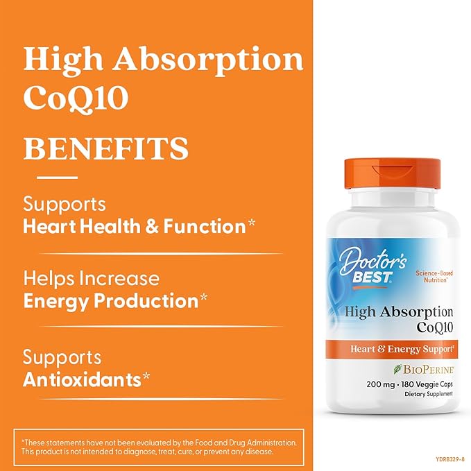 Doctor's Best High Absorption CoQ10, Heart & Energy Support, USP Verified, Naturally Fermented CoQ10, Non-GMO Gluten Free, Soy Free, Vegan 180 Veggie Caps