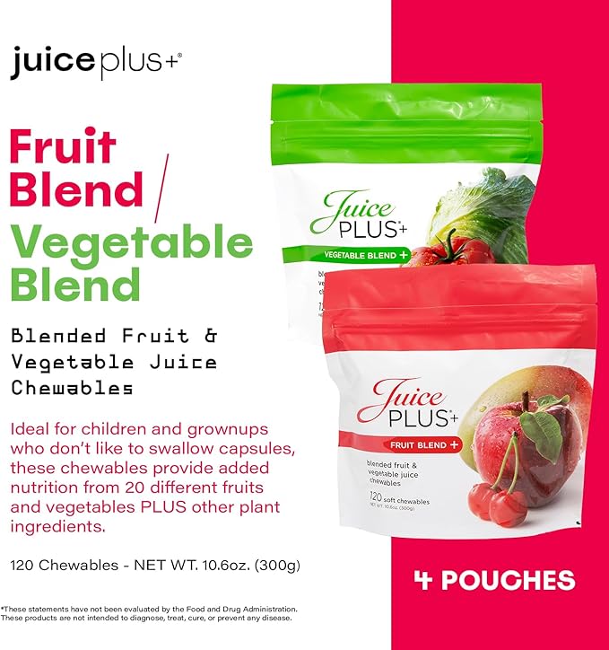 JuicePlus+ Fruit & Vegetable Blend Soft Chews - Tasty Vegan Fruit and Veggie Gummy Vitamins for Adults & Kids - 4 Month Supply (4 Pouches, 30 Chews Each)