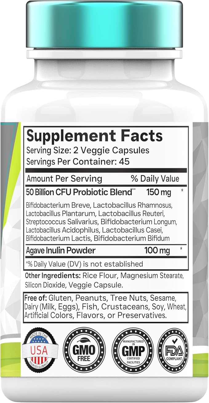 Probiotics with Prebiotic: 50 Billion CFU - 10 Strain - 90 Vegetarian Capsules | with Acidophilus Probiotic for Digestive Health, Gut Health, & Immune Support* | for Men & Women