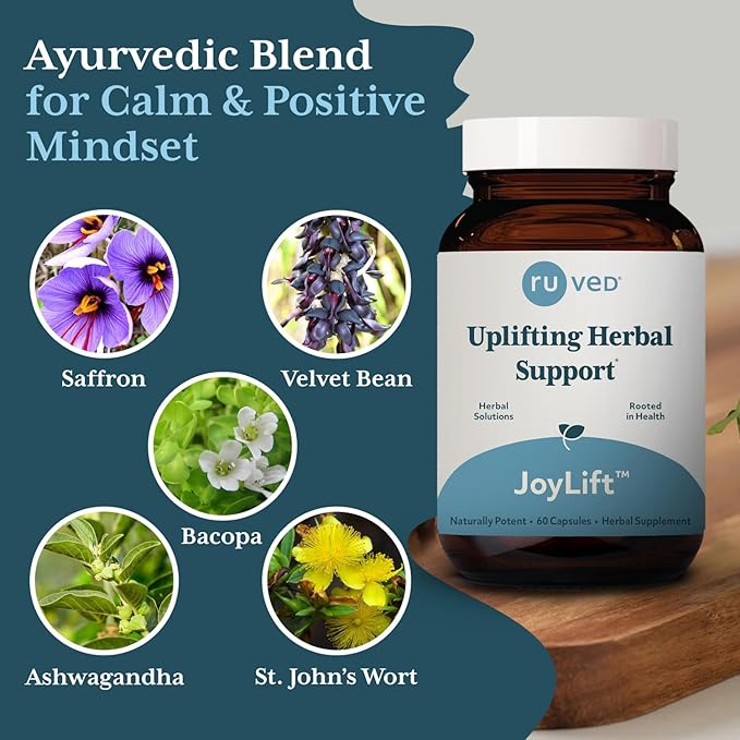 ruved Joylift, Uplifting Herbal Formula with Saffron, Berberine and St. John’s Wort, Promotes Calm and Positive Outlook, Ayurvedic Herbal Supplement, 60 Vegetarian Capsules.