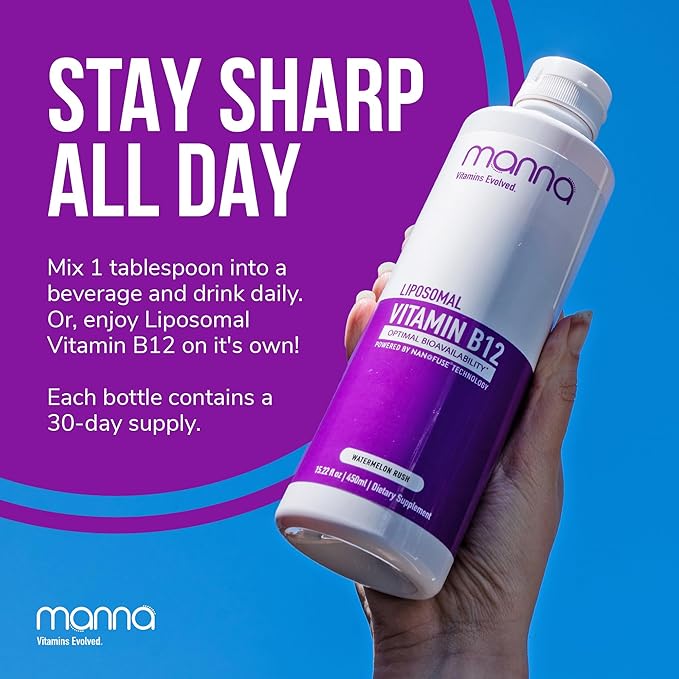 Manna Vitamins Evolved Liposomal Vitamin B12 – High Absorption Methylcobalamin for Energy, Focus, Brain, and Heart Support – Vegan, Non-GMO B12 Supplement – 10x Better Absorption
