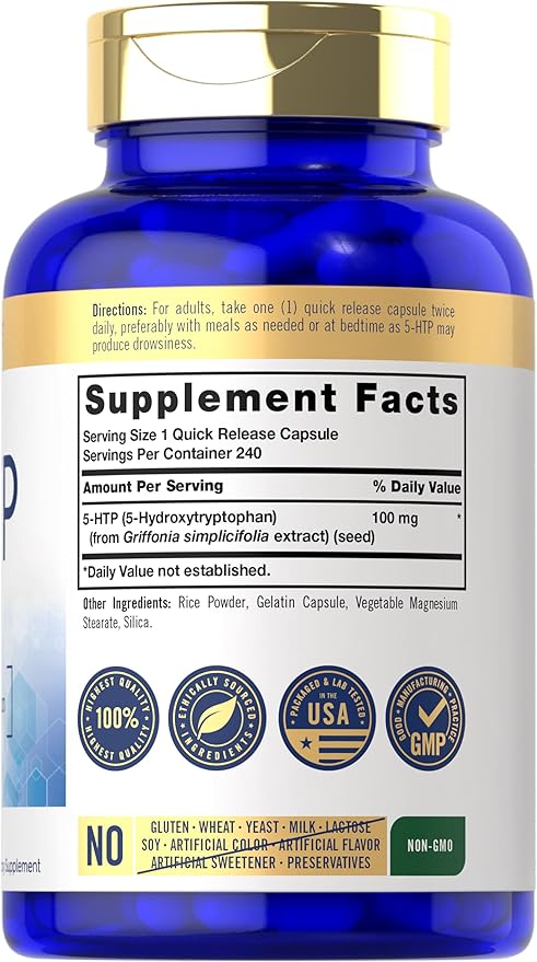 Carlyle 5HTP | 100mg | 240 Capsules | 5 Hydroxtryptophan | Non-GMO & Gluten Free Supplement