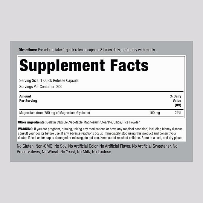 Piping Rock Magnesium Glycinate | 750mg | 200 Capsules | High Absorption | Chelated | Non-GMO and Gluten Free Supplement