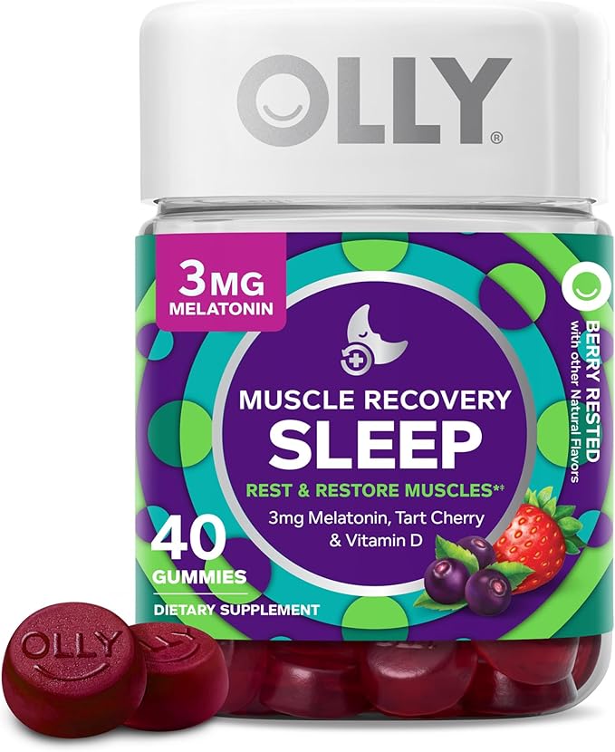 OLLY Muscle Recovery Sleep Gummies, Sleep and Sore Muscle Support, 3mg Melatonin & Extra Strength Daily Energy Gummy, Caffeine Free, 1000mcg Vitamin B12, CoQ10, Goji Berry