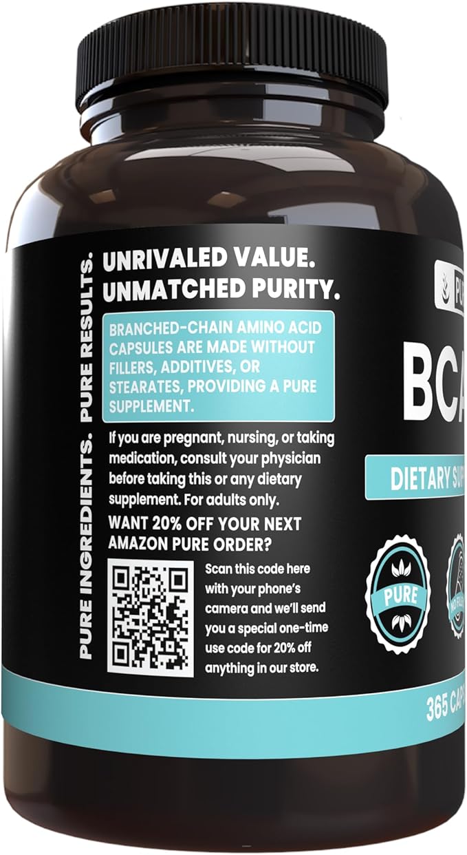 Pure Original Ingredients BCAA No Magnesium Or Rice Fillers, Always Pure, Lab Verified (365 Capsules)