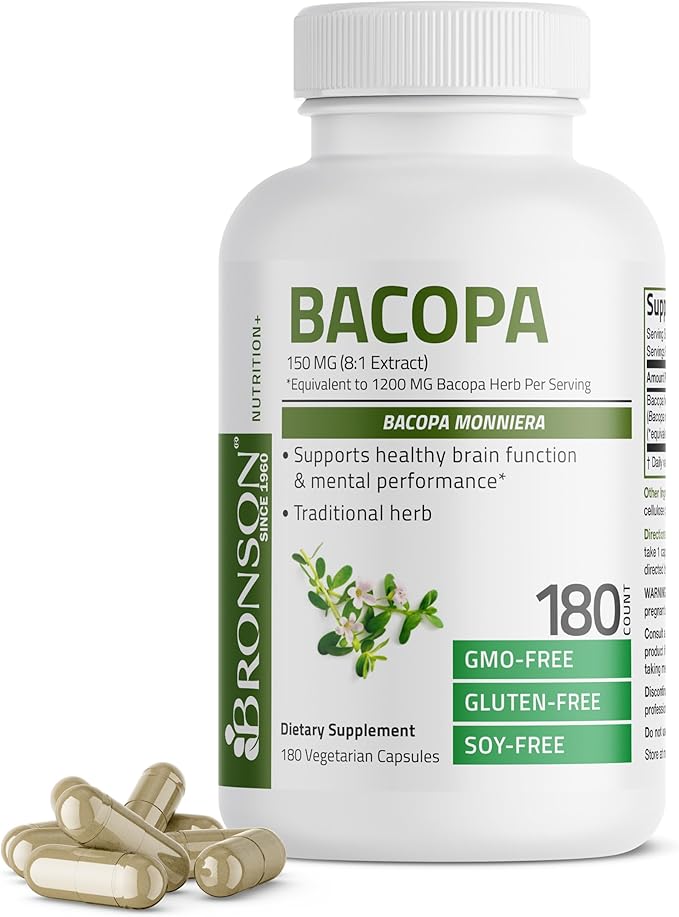Bronson Bacopa Supports Healthy Brain Function and Mental Performance, Traditional Herb, Non-GMO, 180 Vegetarian Capsules