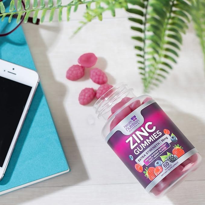 Zinc Gummy for Adults 50mg, Max Strength Bone, Skin Health & Immune Support Gummies, Vegan, Non-GMO & Gluten Free, Immune Health Support, Nature’s Antioxidant Chewable Zinc Vitamins - 60 Gummies