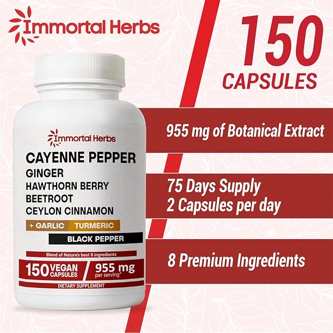 Cayenne Pepper Capsules w/Garlic, Ginger, Hawthorn, Turmeric, Cinnamon, Beet Root and Black Pepper Extract, 150 Cayenne Capsules, Non-GMO & Gluten Free Capsaicin Supplement