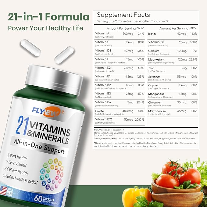 Multivitamin for Women & Men - Mens & Womens Multivitamin for Bone, Skin & Immune Health Support, 21 in 1 Multivitamins Supplement, Multivitamins with Gluten & Allergen Free, Non GMO, 60 Capsules