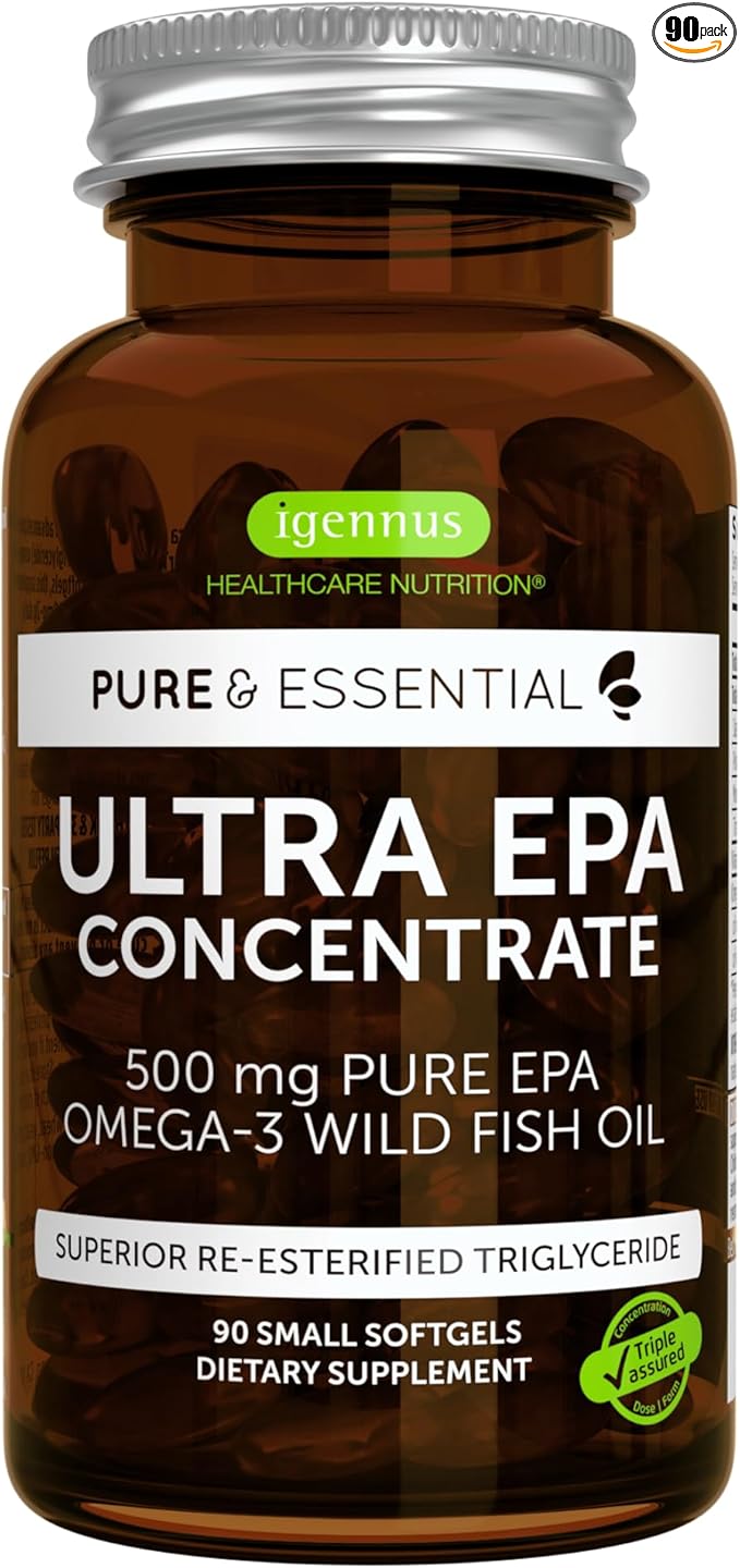 Igennus Ultra Pure Omega-3 EPA 500mg, Highly Concentrated IFOS Certified Wild Fish Oil, Advanced rTG Triglyceride Form, Non-GMO, 90 Small Softgels